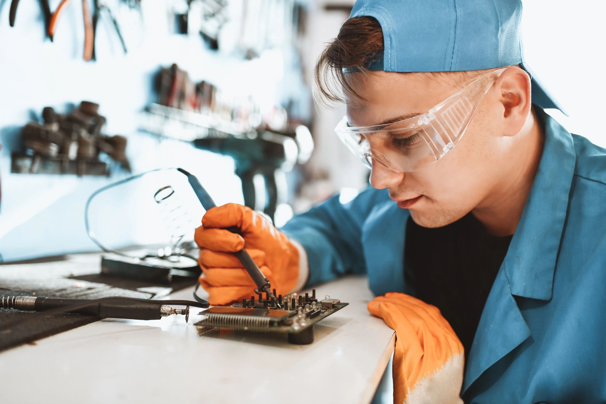 Technician performing electronics repair work representing field service support
